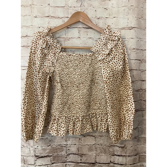 The Drop Top Womens Medium Cropped Smocked Brown Polka Dot Ruffle Boho Hippie - Picture 1 of 14